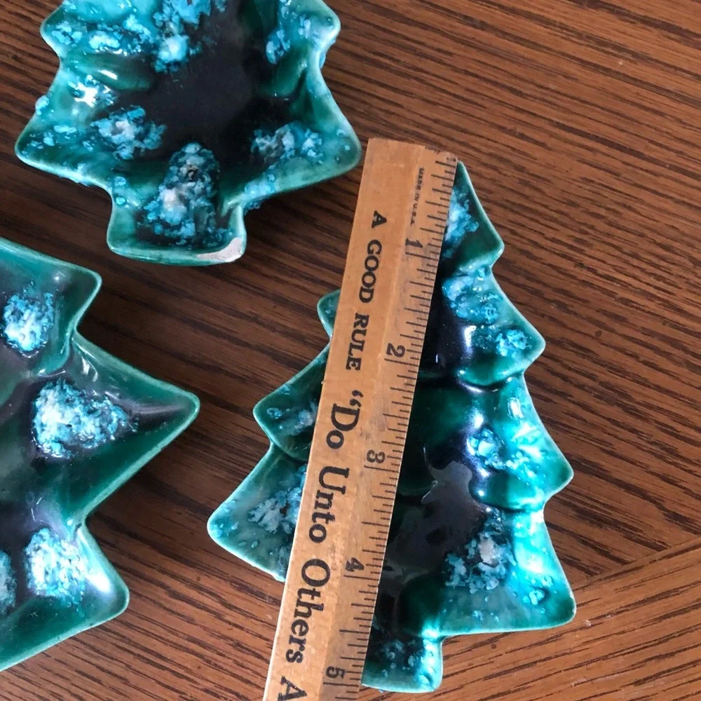 Vintage Set of 3 Green Drip Glaze Stacking Ceramic Christmas Tree Nesting Dishes